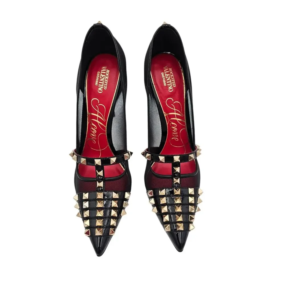 Valentino Garavani Rockstud Alcove Black Patent Leather Mesh Pump Heel Size 39 9